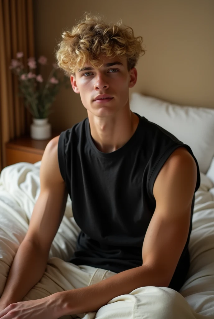 photography style, photo, realistic, of a young man with curly blond hair, sitting on a bed. He is wearing a black sleeveless t-shirt and looks a little thoughtful, with his head tilted slightly. The background is a cozy environment, with light linens and a wood tone background that suggests a peaceful environment. The lighting is soft, creating a relaxing atmosphere.