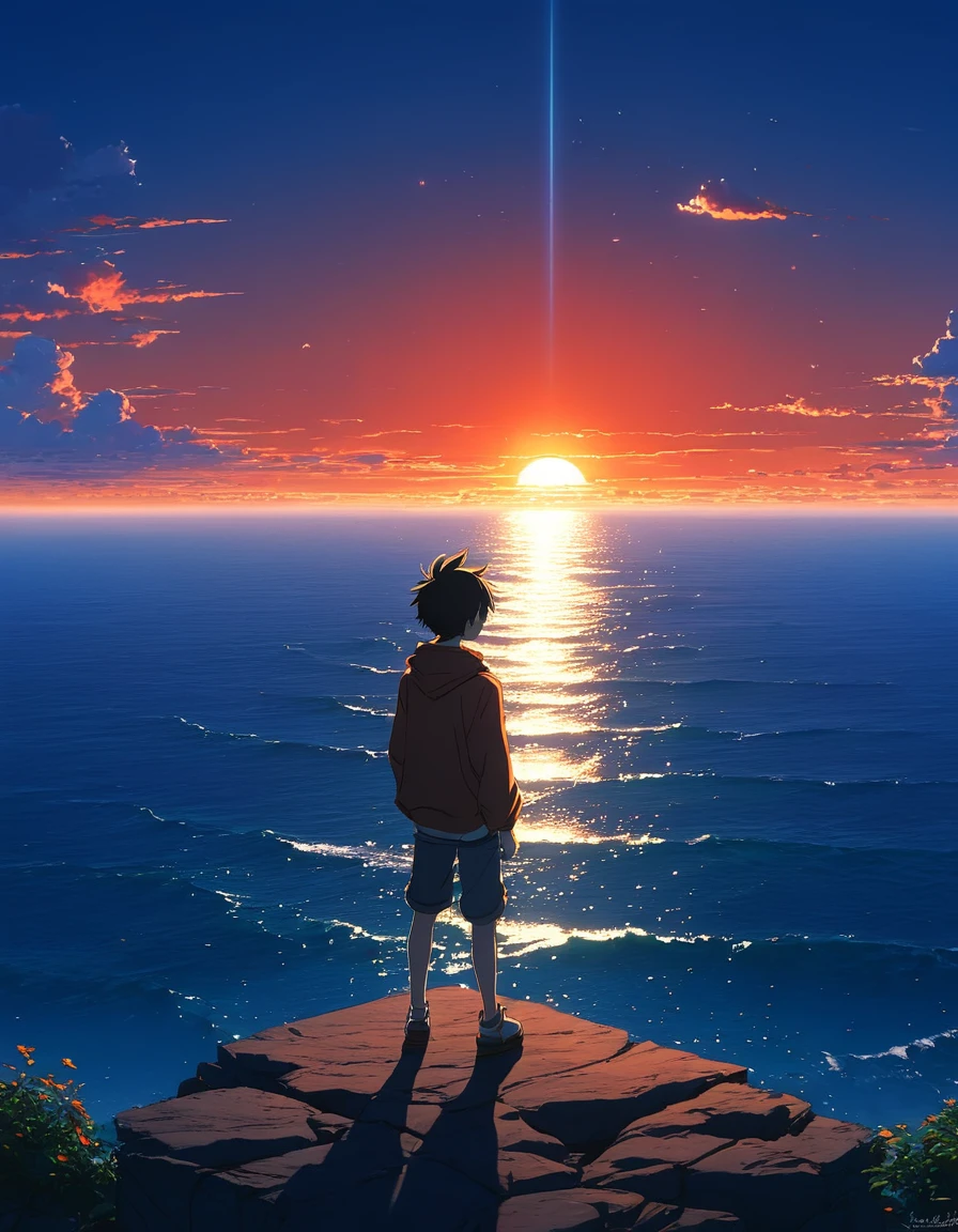 Beautiful and serene anime landscape, eclipsee ((with clean sky bintage effect)), sunset ((without clouds)), dreamy, incredible. A boy looking towards the empty horizon, an incredible clear sky, The image shows a young male anime character contemplating the ocean at sunrise, with a backdrop of a vibrant blue sky and red and orange hues from the sun.fascinating, dreamy, surreal, well detailed, photoshop, anime-realistic, anime landscape wallpaper, landscape anime, anime landscape wallpapers, anime beautiful scene peace, beautiful anime landscape, anime sky anime. by makoto shinkai, Rhads and Lois Van Baarle, makoto shinkai cyril rolando, anime background art, 4k anime art wallpaper, clear sky 8khdr