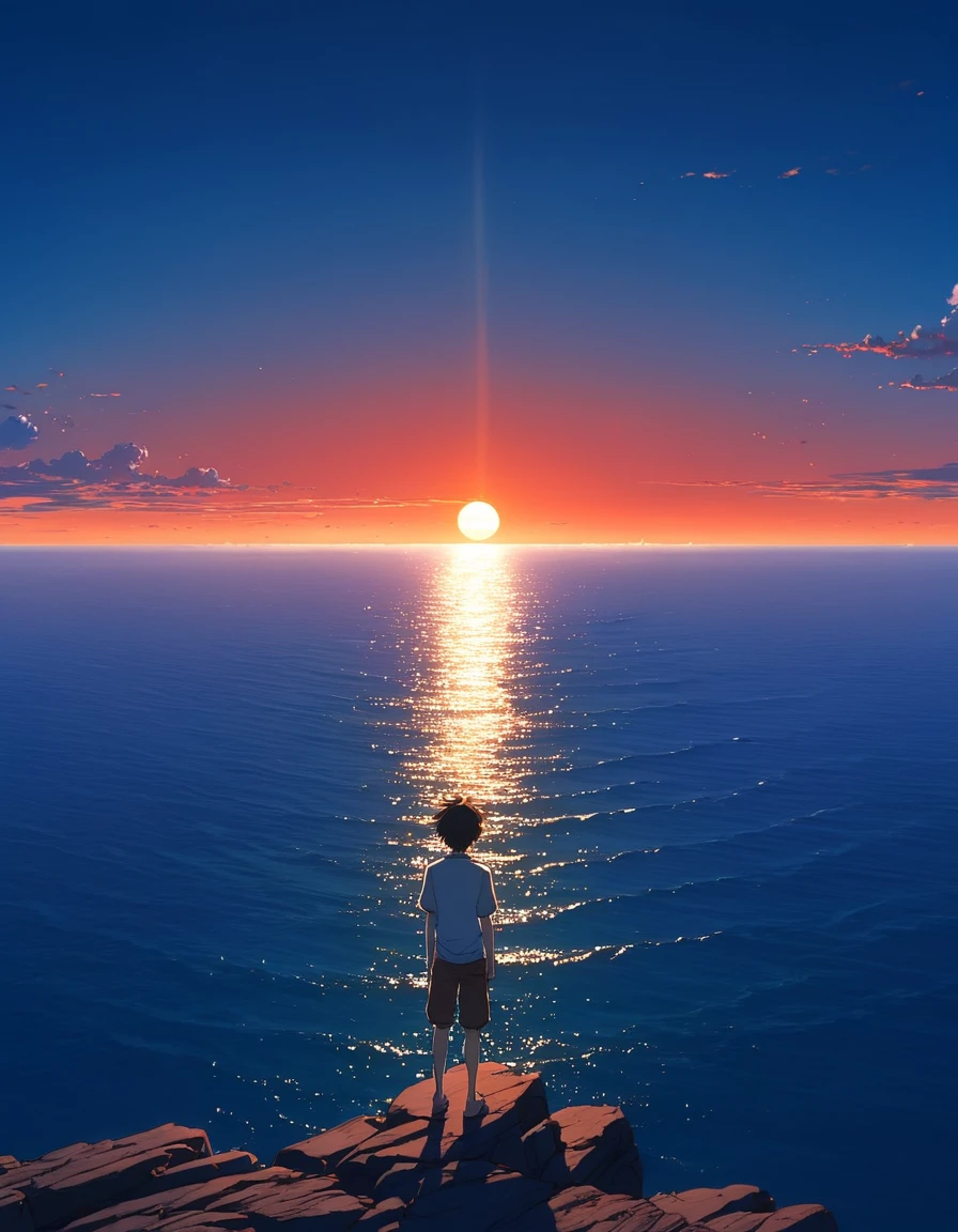 Beautiful and serene anime landscape, eclipsee   ((with clean sky bintage effect)), sunset ((without clouds)), dreamy, incredible. A boy looking towards the empty horizon, an incredible clear sky, The image shows a young male anime character contemplating the ocean at sunrise, with a backdrop of a vibrant blue sky and red and orange hues from the sun.fascinating, dreamy, surreal, well detailed, photoshop, anime-realistic, anime landscape wallpaper, landscape anime, anime landscape wallpapers, anime beautiful scene peace, beautiful anime landscape, anime sky anime. by makoto shinkai, Rhads and Lois Van Baarle, makoto shinkai cyril rolando, anime background art, 4k anime art wallpaper, clear sky 8khdr