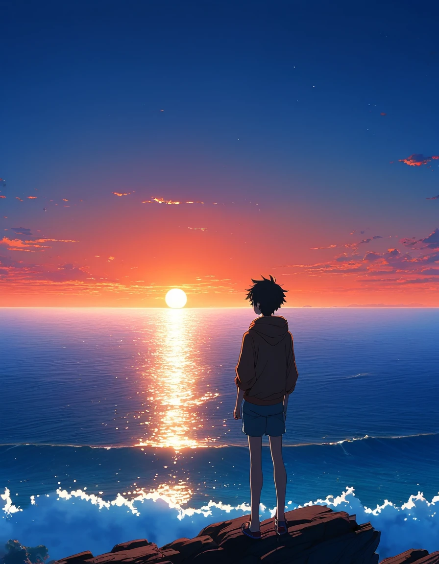 Beautiful and serene anime landscape, eclipsee   ((with clean sky bintage effect)), sunset ((without clouds)), dreamy, incredible. A boy looking towards the empty horizon, an incredible clear sky, The image shows a young male anime character contemplating the ocean at sunrise, with a backdrop of a vibrant blue sky and red and orange hues from the sun.fascinating, dreamy, surreal, well detailed, photoshop, anime-realistic, anime landscape wallpaper, landscape anime, anime landscape wallpapers, anime beautiful scene peace, beautiful anime landscape, anime sky anime. by makoto shinkai, Rhads and Lois Van Baarle, makoto shinkai cyril rolando, anime background art, 4k anime art wallpaper, clear sky 8khdr