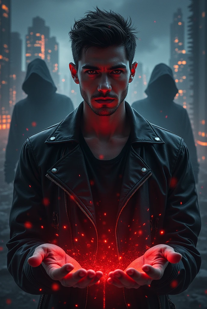 must be impactful, capturing both the emotional intensity and the elements of action and mystery present in the story. Design should evoke a balance between the supernatural and the real, reflecting the protagonist and his complex world.In the center of the cover, Rafael must be in the spotlight, wearing clothes that mix modern and gothic, maybe a black leather jacket or a t-shirt with red accents, symbolizing your inner strength and the conflicts you face. He can be portrayed with a determined and intense expression, looking directly at the reader. your hands, semi-open, can emit an aura of energy, suggesting its powers of absorption.
Around Rafael, in background whith, several shadowy, indistinct silhouettes of villains and allies may appear, symbolizing the constant threats and complex relationships he faces. Some of these figures may be slightly faded or blurred., suggesting mystery and suspense.
Ao fundo, the silhouette of a modern city, with tall buildings and lights shining in the night, can be seen, creating a contrast between the urban environment and the supernatural elements of the plot. Lights may have a slightly blue tint, reflecting the dark and tense atmosphere of the story.
**Predominant Colors:**
- **black and gray: As background colors, These hues reflect the dark tone and elements of mystery and danger in the narrative.. Shadows should be deep and well defined., with shades of gray to give dimension and depth.
rot:Small details in red, like Raphael's eyes, The title of the book, or elements in your clothing, symbolize passion, poder e perigo. The red must be intense, but used subtly so as not to dominate the composition.
dark blue:The night sky can be tinted a dark blue, almost black, representing the heavy atmosphere and emotional stakes of the story.
Rafael's expression, along with the threatening shadows and fog around, must convey a feeling of
