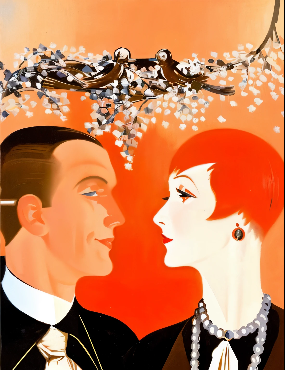 painting of a couple in a white shirt and red tie, art deco illustration, art deco portrait, vintage magazine illustration, art deco poster, art noveauand art deco, by Pruett Carter, vintage art deco, art deco painting, ( ( ( art deco ) ) ), polish poster art, magazine cover art, by Hans Baluschek, by Rita Angus