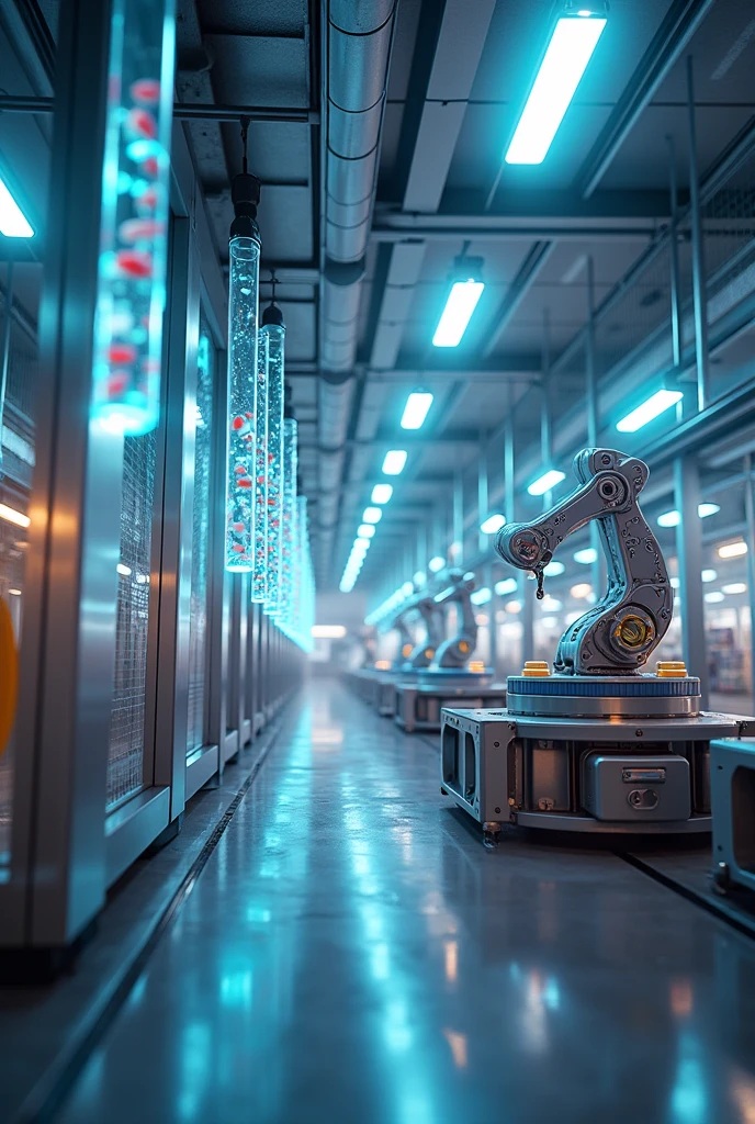 An ultramodern factory, with robots and automated machines that shine in LED lights. Machines are producing pills that appear to float in illuminated transparent tubes.

