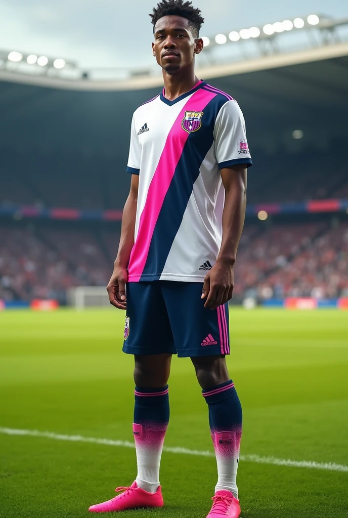 Create a soccer uniform where the predominant colors are white and navy blue. (It can be blue in stripes, degraded oh half of the uniform), that includes pink details