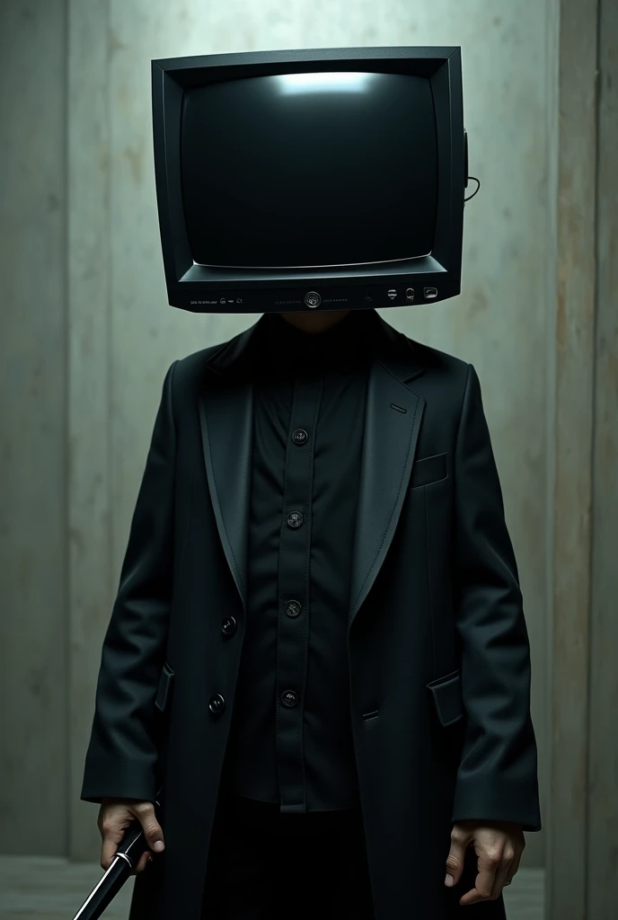 Humano con cabeza de tv negra
con ropa negra con cara 😎 y con una pose de ataque con un cuchillo