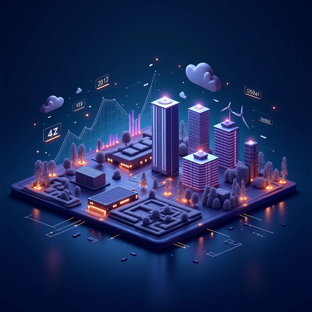 Create a realistic 4K image with high resolution, resembling a photo that conveys a professional and trustworthy environment. The color palette should predominantly feature dark blue and purple. The scene should represent a page focused on investments and technology innovation, highlighting sectors like real estate, energy, and agriculture. Include elements such as financial charts, technology icons, and visual representations of the mentioned sectors (e.g., buildings for real estate, turbines and solar panels for energy, and agricultural fields for agriculture). The image should have a sophisticated and modern design, emphasizing trust and professionalism."