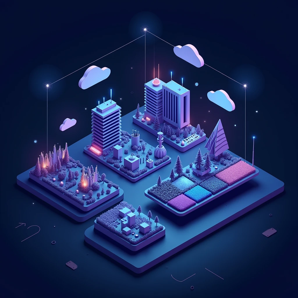 Create a realistic 4K image with high resolution, resembling a photo that conveys a professional and trustworthy environment. The color palette should predominantly feature dark blue and purple. The scene should represent a page focused on investments and technology innovation, highlighting sectors like real estate, energy, and agriculture. Include elements such as financial charts, technology icons, and visual representations of the mentioned sectors (e.g., buildings for real estate, turbines and solar panels for energy, and agricultural fields for agriculture). The image should have a sophisticated and modern design, emphasizing trust and professionalism."
