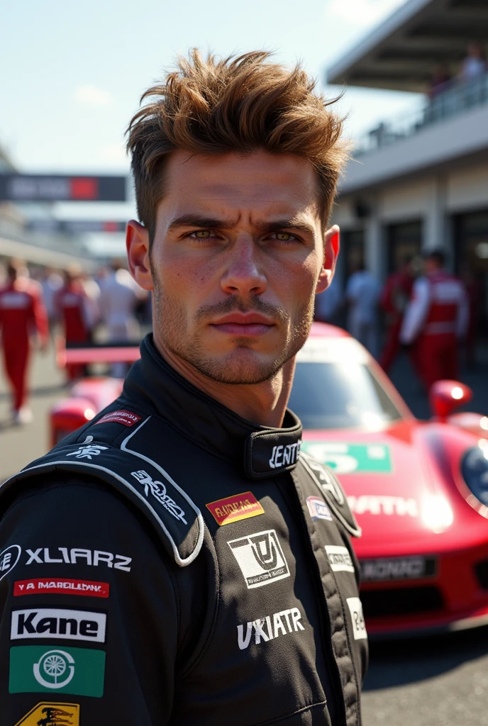 (Photorealism:1.2), Porsche Cup male driver with brown hair and eyes in front of the pitlane 8k ultra realistic