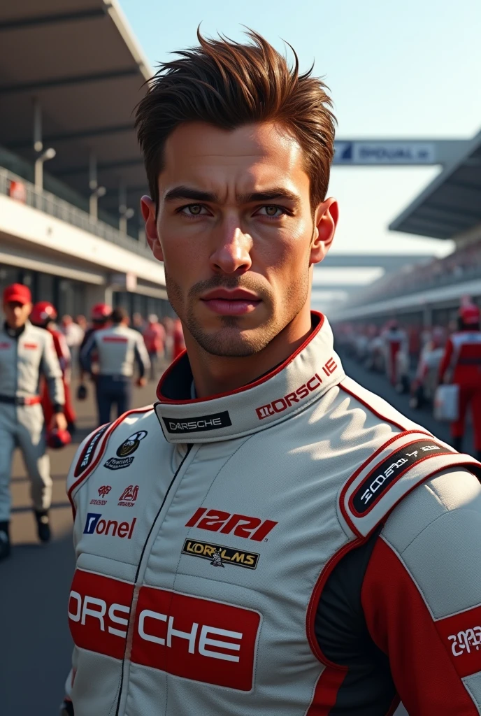 (Photorealism:1.2), Porsche Cup male driver with brown hair and eyes in front of the pitlane 8k ultra realistic