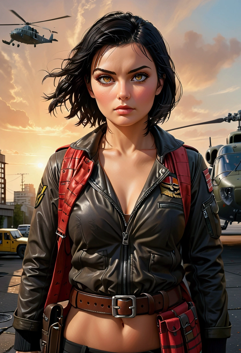 Photorealistic picture of Emma Mackey, exactly like Emma Mackey, full figure, looking directly at the viewer, wide jaw, strong chin, closeup, close-up, with light makeup, detailed eyes, black hair cut in a 'bob' style, hair framing face, serious expression, watchful, one eyebrow raised, standing beside Chinook military helicopter, ruined street, dramatic lighting, smoke, sunset, red keffiyeh, scruffy leather flying jacket, equipment belt and holster, highly detailed natural texture, master piece, absurdes, extremely detailed, astonishing, fine detail, couleurs riches, Hyper realistic texture, dramatic lighting