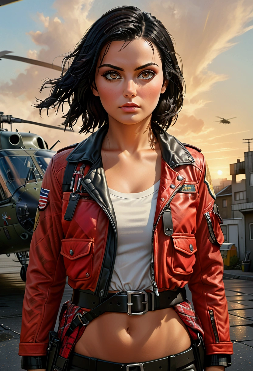 Photorealistic picture of Emma Mackey, exactly like Emma Mackey, full figure, looking directly at the viewer, wide jaw, strong chin, closeup, close-up, with light makeup, detailed eyes, black hair cut in a 'bob' style, hair framing face, serious expression, watchful, one eyebrow raised, standing beside Chinook military helicopter, ruined street, dramatic lighting, smoke, sunset, red keffiyeh, scruffy leather flying jacket, equipment belt and holster, highly detailed natural texture, master piece, absurdes, extremely detailed, astonishing, fine detail, couleurs riches, Hyper realistic texture, dramatic lighting