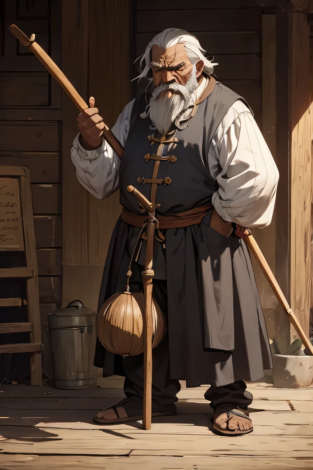 A medieval hunchbacked old man, grumpy, darkskin, with a wooden cane and coughing.