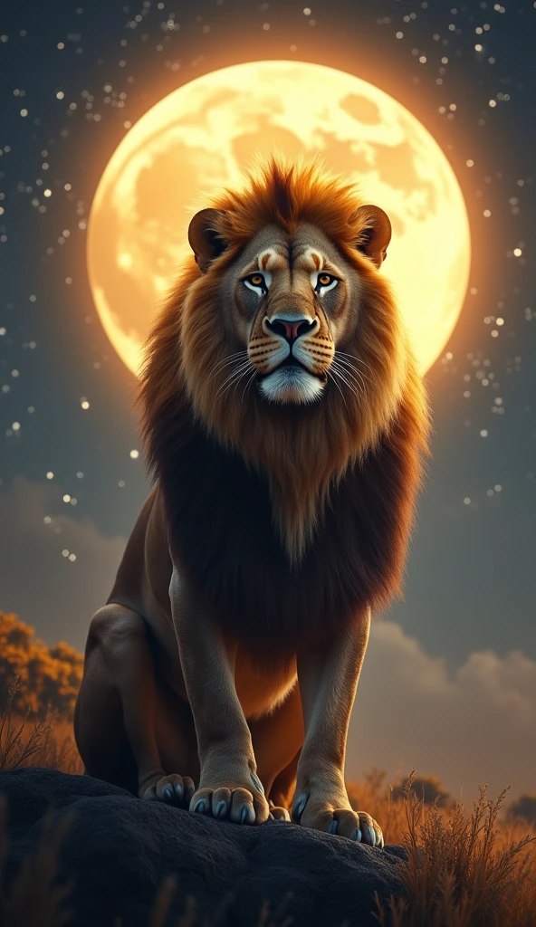 A very strong and beautiful lion with an ultra realistic 8k full hd crown on a beautiful starry night with a well-lit mother moon