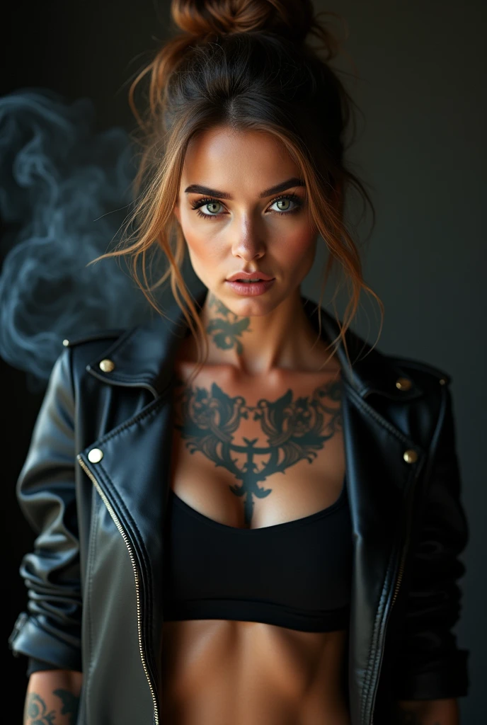 Super cute close up of a tanned European woman, loving and lascivious face, brown hair bun, Forehead, make up, grey eyes, superlative body proportion, covered in tattoos, wearing an open leather biker jacket, black tank top, She looked flirtatiously at the camera and bit her lips., Black empty background and smoke, artistic photography, Hyper realistic, unclothed, masterpiece