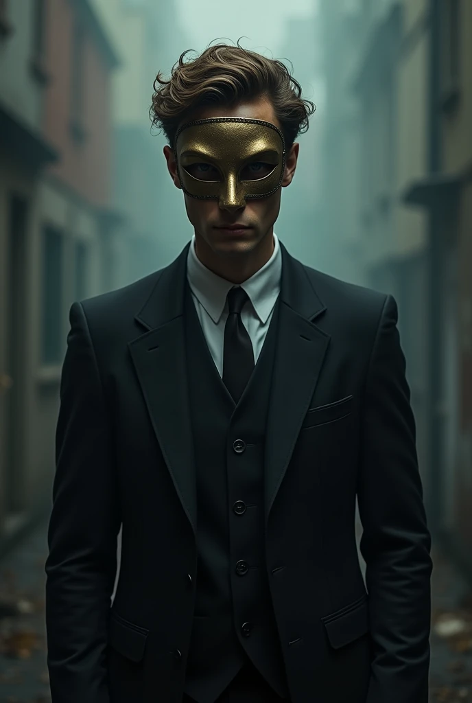 1 man with short curly brown hair wearing a suit and a ball mask covering his face, fully body