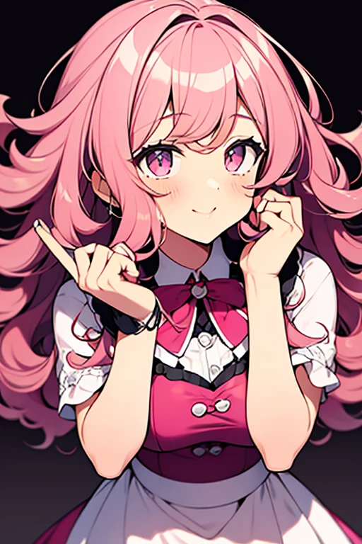 Curly haired girl wearing pink lipstick, sorting 