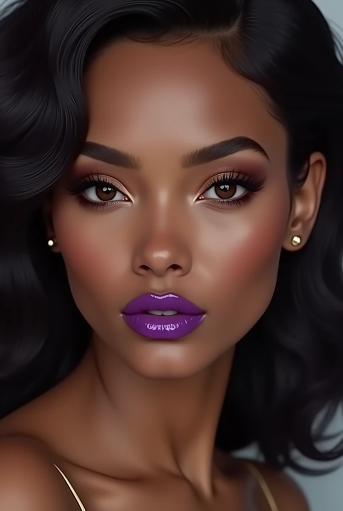 A woman with light brown skin tone but a little dark brown eyes medium lips medium violet strong.