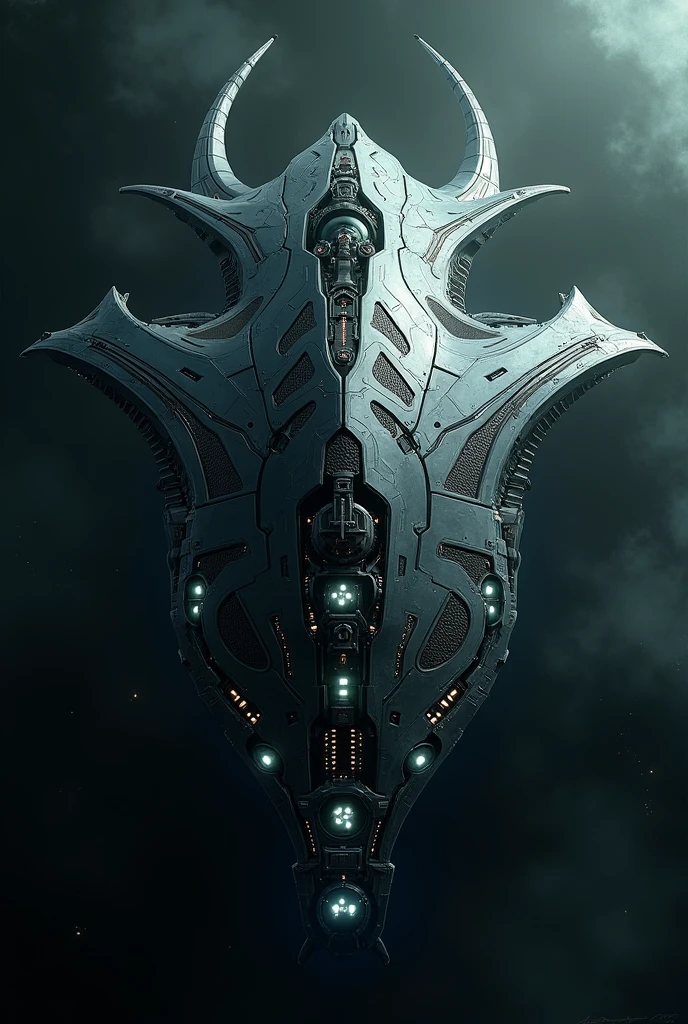 Spaceship inspired by the silhouette of the crest on the head of the Alien Queen from the ALIEN movie saga, that has futuristic technological details and also seems to have parts of synthetic organic matter. I need an architecturally striking type of shape to make it stand out among other ships., earning this the title of mother ship.