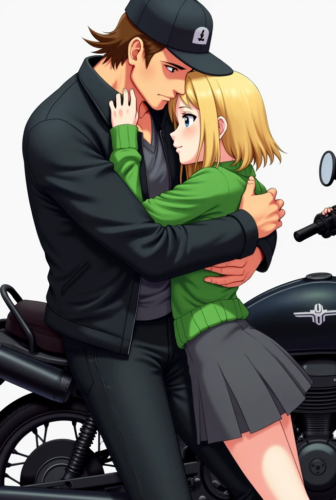 Anime tall half bald mid long brown hair guy, black cap, black leather jacket, black jeans, huging a young blond brade sided hair, green sweater, gray skirt standing beside a black motorcycle