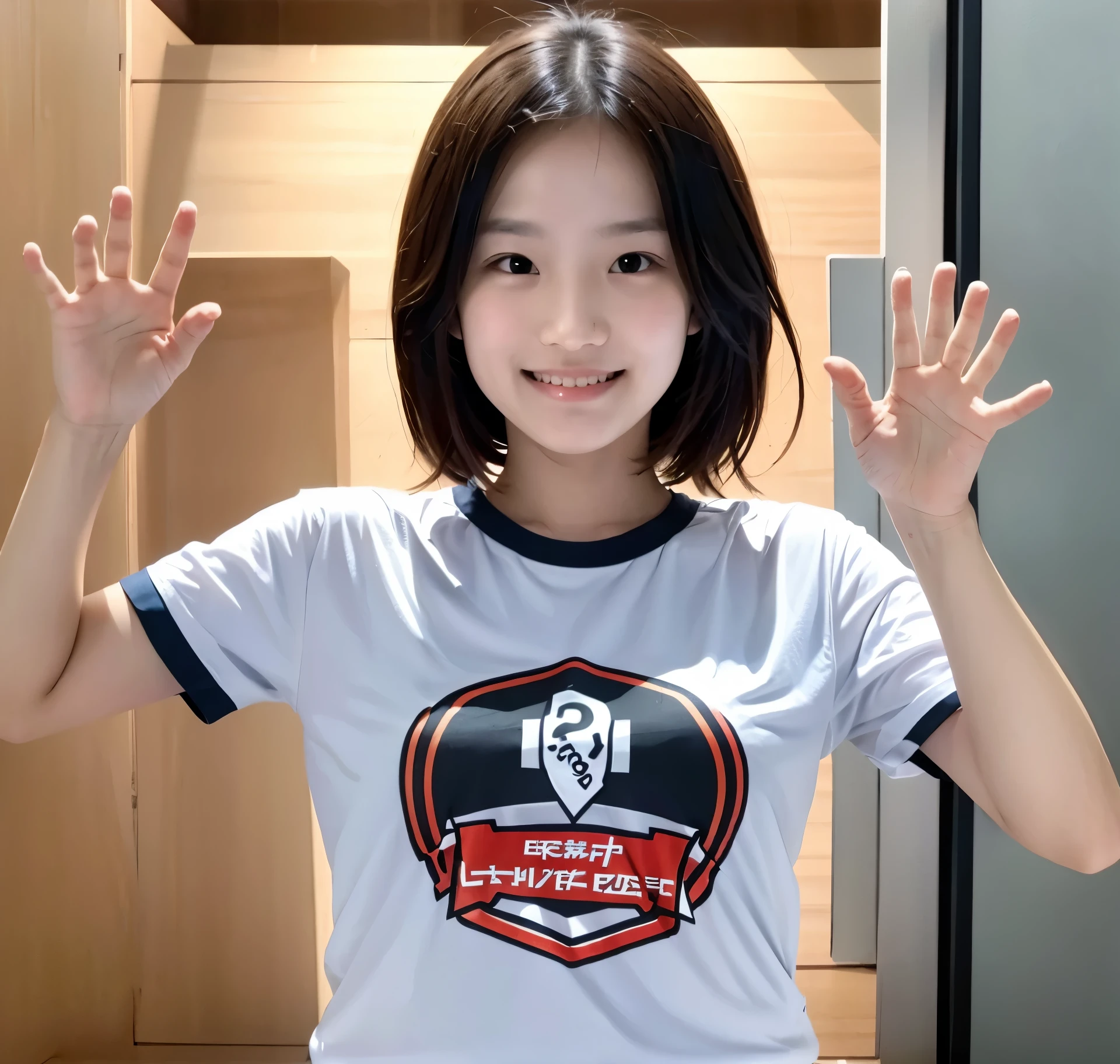ID photo T-shirt with hands raised