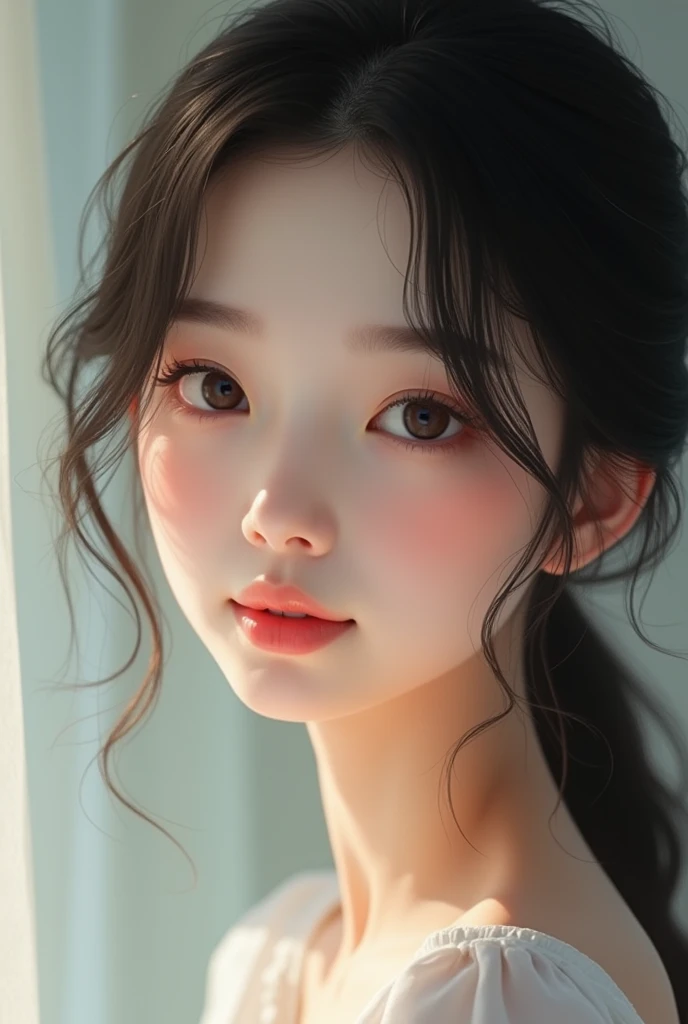 Describes a black-haired Korean girl with slanted eyes and a radiant look, Shaped eyebrows and a sweet smile