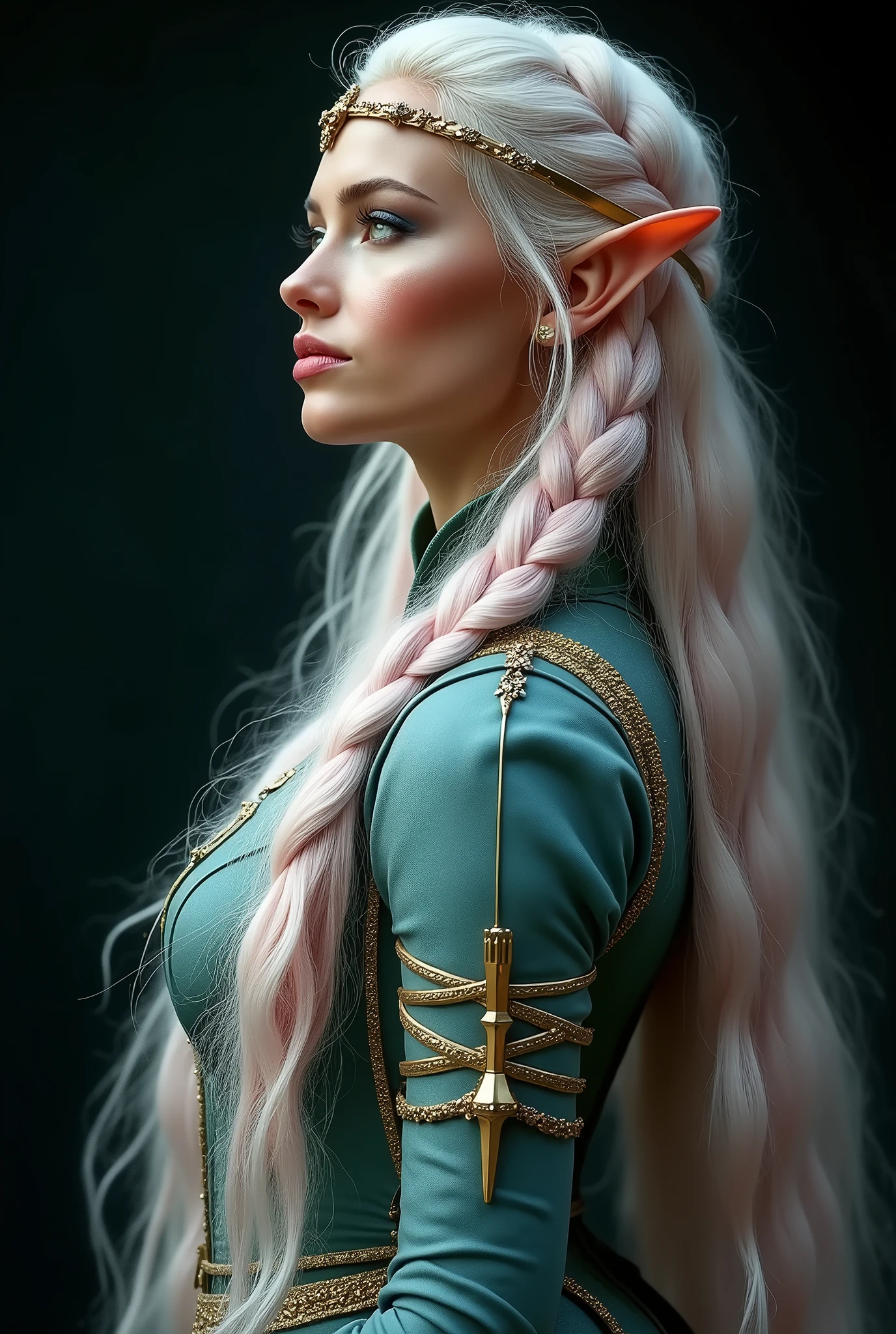 GISELE BUNDCHEN AS A GORGEOUS ELVE WARRIOR , WARRIOR WOMAN, BUST IMAGE STYLE, STUDIO IMAGE STYLE, BLACK INFINITE BACKGROUND, DIFFUSED LIGHTS ON FACE, BACK LIGHTS ON HAIR, LUMINOUS PINK BLUE HAIR, CLOSE FACE SHOT, HUGE LONG HAIR, HUGE STRAIGHT LONG HAIR, BRAID HAIR STYLE, PLATINUM EYEBROWS, LIGHTNING GREEN EYES, VERY PALE SKIN, LUMINOUS SKIN, FEMALE FAIRY, TOLKIEN MITHOLOGY, EXPOSED LONG TIP EARS, HIGH CHEEKBONES, ROSY CHEEKS, GORGEOUS LIPS, SOFT LIPSTICK, GORGEOUS CURVY BODY, SOFT MUSCLES, VOLUMOUS BREASTS, BLUE GREEN ARMOUR, FULL BODY ARMOUS, FLAT BOOTS, NECK CLEAVAGE, LONG BRACELETS, GOLD DETAILS, GOLDEN HEADBAND , ENIGMATIC FACE EXPRESSION, SIDE FACE VIEW, EYES LOOKING UP, TOLKIEN MITHOLOGY, HIGH QUALITY IMAGE, MASTERPIECE, 8K