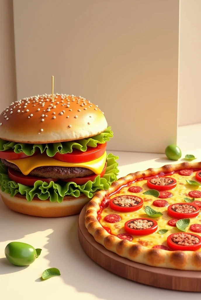Generate image with a burger and a pizza with good rating