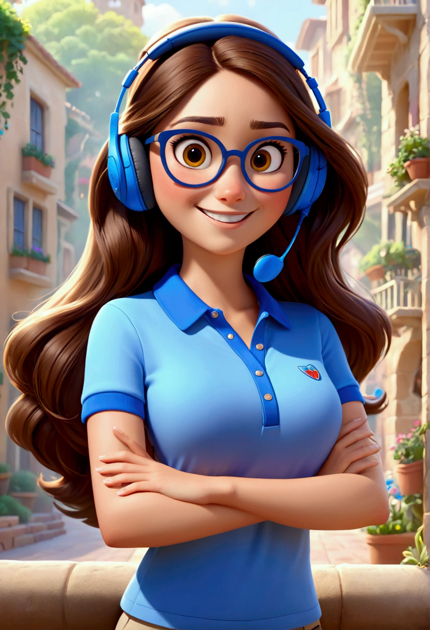 "(best qualityer, ultra detali, realisitic: 1.37), 3D rendering, illustration, character  design, long straight brown hair, beautiful detailed eyes, wearing glasses, Pixar-style, brunette woman, using Disney style headset, with a blue polo shirt lively atmosphere, bright coloured, happy expression"