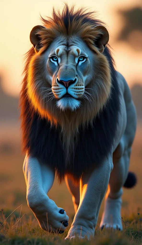 Generate an ultra realistic 8k image of a big strong blue-eyed lion