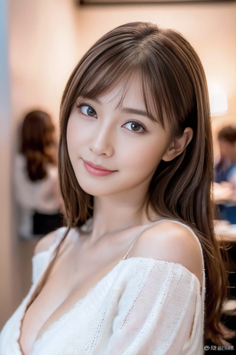 (8kで、Live Shooting、Highest quality、Genuine、Realistic、Professional Lighting、masterpiece、Very delicate and beautiful、Very detailed、Finer details、Very detailed、High resolution、Beautifully detailed face、bangs、Brown Hair、 Fair skin:1.2, Sexy beauty:1.1, (RAW shooting, フォトGenuine:1.5, 8k, Highest quality, masterpiece, 超High resolution),(RAW shooting:1.2)、(Realistic:1.4)、(masterpiece:1.3)、(Highest quality:1.4)、(Beautiful woman with perfect body:1.4)、Young Japanese women、(Truly beautiful:1.2)、(Small breasts:1.3)、(Slender and beautiful)、7 heads、(Sexy model posing:1.3)、Wear casual office wear。tight knit sweater、White mini skirt、(Beautiful and detailed)、(Attractive big eyes)、(Beautiful double eyelids)、(Beautiful and elaborate face)、(Brown Hairロングヘア、bangsあり:1.3)、斜めbangs、Look at the viewers、Look straight ahead、smile、(Beautiful thighs)、Office corridor