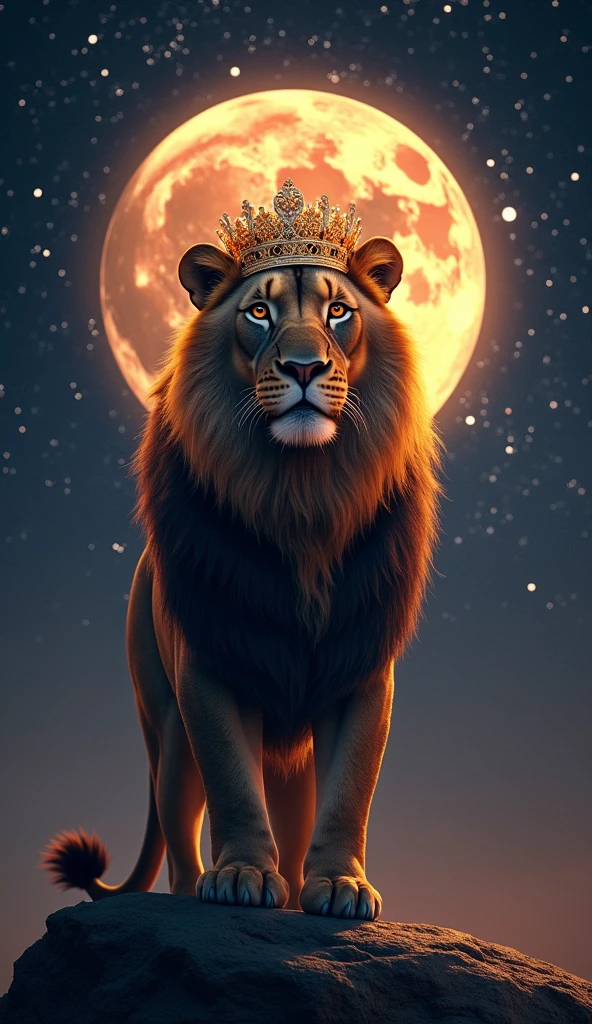 A very strong and beautiful lion with very shiny fur with an ultra realistic 8k full hd crown on a beautiful starry night with a well-lit mother moon 