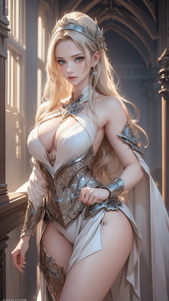 A stunningly beautiful female cleric, blonde hair, blue eyes, fair skin, silver battleworn breastplae armor, standing inside a holy temple, sun rays on her, godrays,Beautiful D&D Character Portrait, Beautiful Face, Ominous, Dark Fantasy, Fiverr Dnd Character, Octane Render, Digital Art, Extreme Detail, 4k, Ultra Hd, Polished, Beautiful, Hyperdetailed, Intricate, Elaborate, Meticulous, Photorealistic, Sharp Focus, Wlop, Character Design, Unreal Engine, 3d Rendered, Volumetric Lighting, Reflections, Glossy, Digital Illustration, Sensual Pose, Suggestive Pose, Full Body Shot