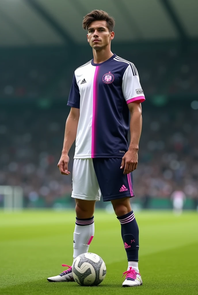 Create a soccer uniform where the predominant colors are white and navy blue. (It can be blue in stripes, degraded oh half of the uniform), that includes pink details