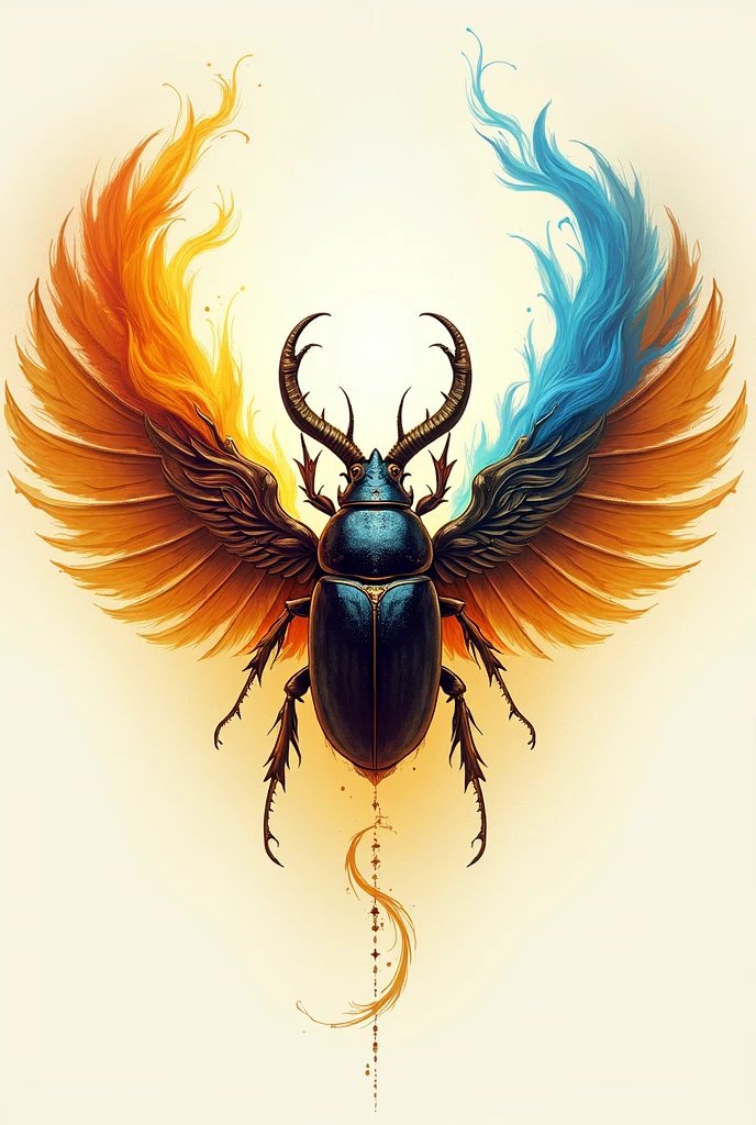 creates an image on a logo based on a kephri beetle projecting auras or ki from its outstretched wings using the colors fire orange, light blue and lemon yellow outlined by a soft black