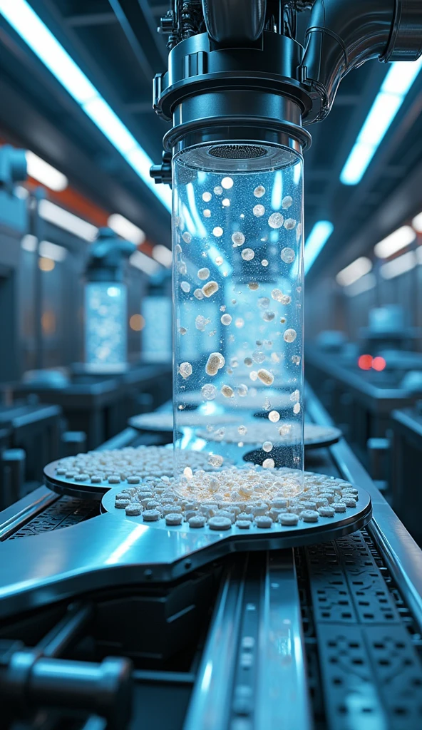 An ultramodern factory, with robots and automated machines that shine in LED lights. Machines are producing pills that appear to float in illuminated transparent tubes.