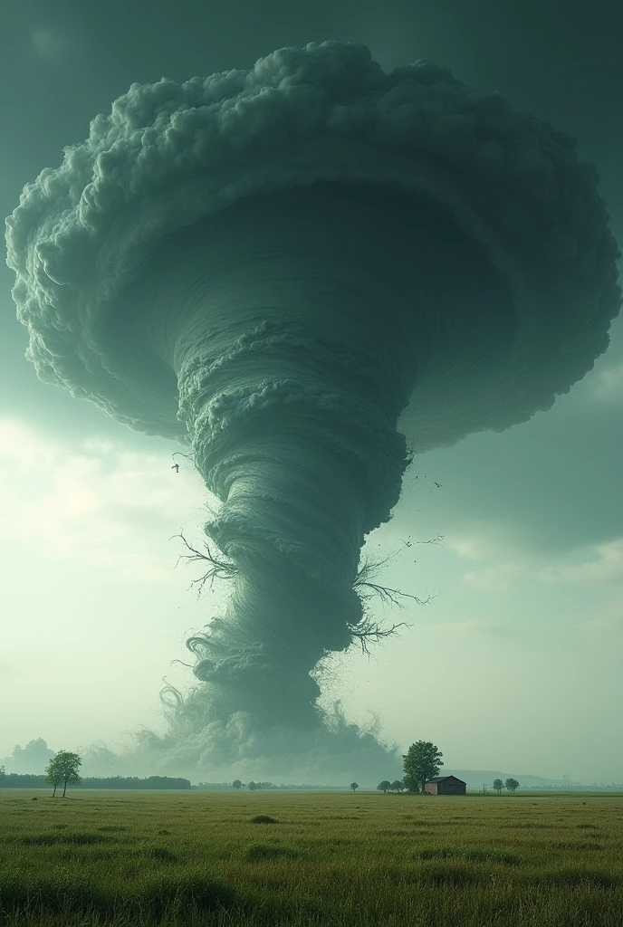 A photorealistic image of a tornado made of fractals moving across a field. High resolution, ultimate level of detail, digital art