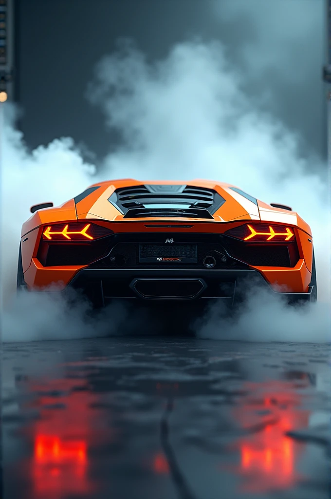 A back shot of a orange colored sports car generating smoke from its tyres, cool tone, volumetric lighting.