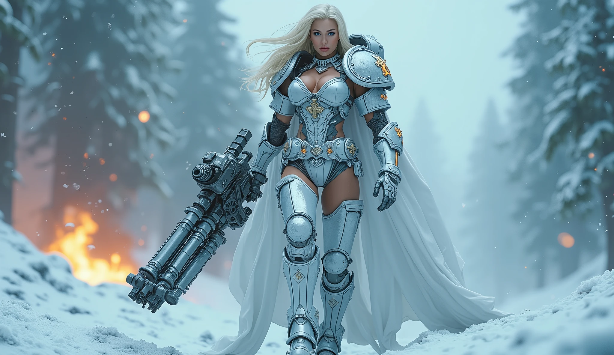 Full body pose ultra realistic photo of a beautiful woman with long platinum blonde hair, porcelain skin, ice blue eyes, massive breast, sexy sisters of battle from the warhammer 40k, shooting at the enemy, frosty white and black space marine armor with intricate details, religous symbols on the armor, sisters of battle, warhammer 40k, Massive silicone breast, pale skin, seductive, temptation, eat your soul, clevage, , standing in a magical winter wonderland with snow-covered trees and frozen lakes, intricate ice crystals and snowflakes surrounding her, (best quality,4k,8k,highres,masterpiece:1.2),ultra-detailed,(realistic,photorealistic,photo-realistic:1.37),fantasy,digital art,cinematic lighting, highly detailed armor, intricate futuristic weaponry, gritty and realistic, mecha, science fiction, hyper-detailed, photorealistic, award winning digital art, 8k, HDR, masters work, in the middle of a battle field, full body combat action pose, explosions and fire around, full war, charging, running forward, attacking, stunning, Stilleto heels, high heels, full body pose, cinematic, dust and debree, combat screams, attacking, shooting at the enemy, sisters of battle, warhammer 40kdramatic color palette,frozen landscape,ice powers,snow queen
