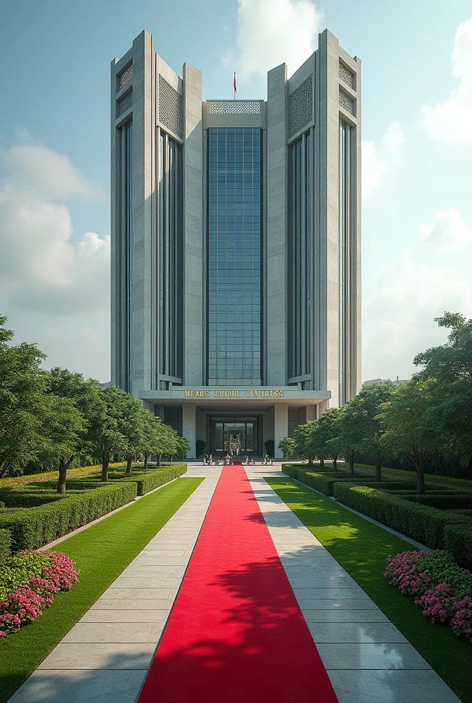 Create a very big headquarters with Singaporean architecture.The compound has grass,tarmac road and Flowers only.Nexus Global Embassy exposed on the building concrete and red carpets on the entrance 
