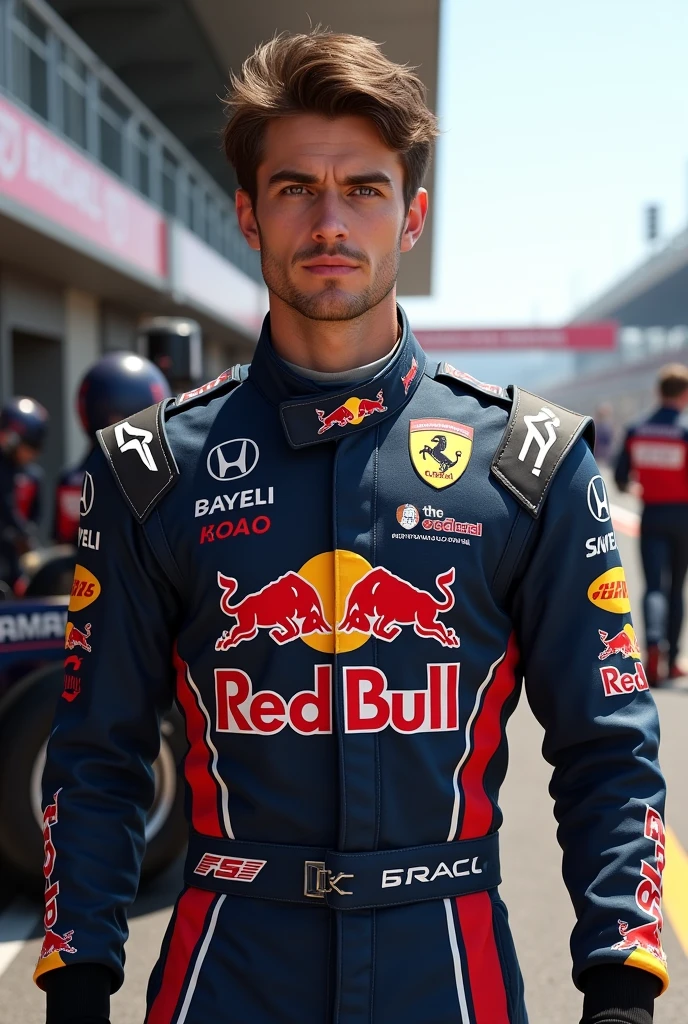 (Photorealism:1.2), Porsche Cup male driver with brown hair and eyes in front of the pitlane 8k ultra realistic with Redbull suits
