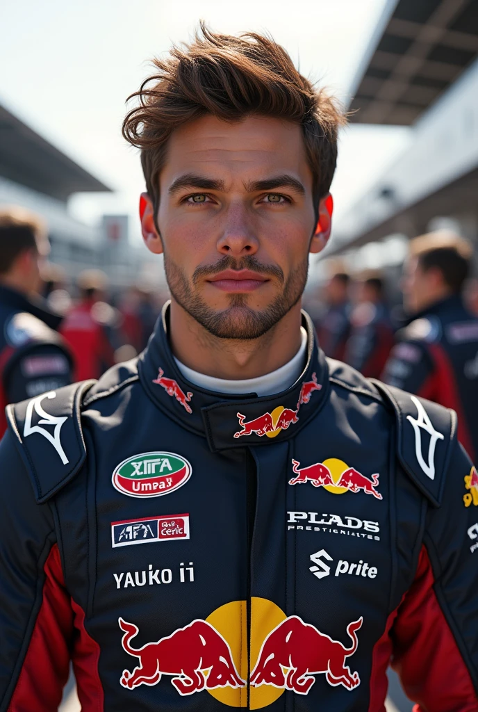 (Photorealism:1.2), Porsche Cup male driver with brown hair and eyes in front of the pitlane 8k ultra realistic with Redbull suits