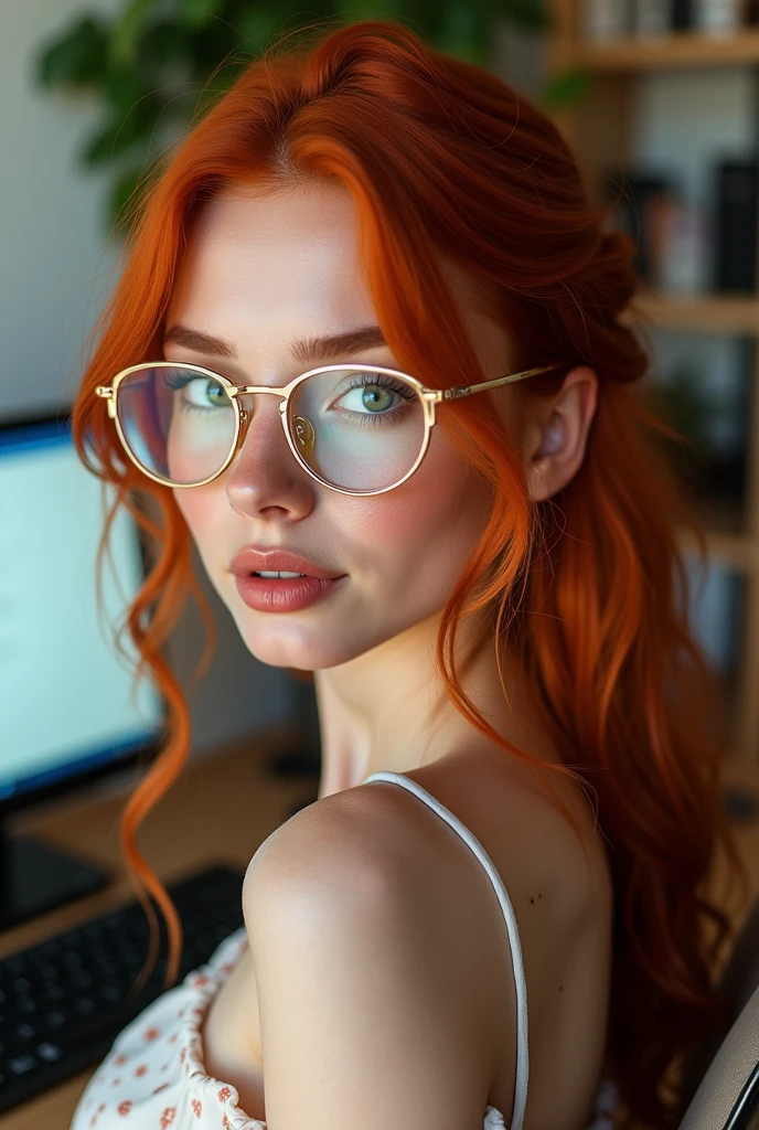 A red-haired female influencer with green eyes, an innocent look and full lips. freckles on her cheeks. medium breasts. A mole on the right breast. rounded buttocks. wears glasses. Full body wide shot from head to toe. in 8k. very detailed, She's sitting in front of her computer. She looks at us over her shoulder 