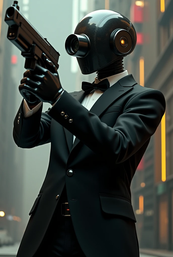 Camera-headed guy in a black tuxedo with a laser gun
