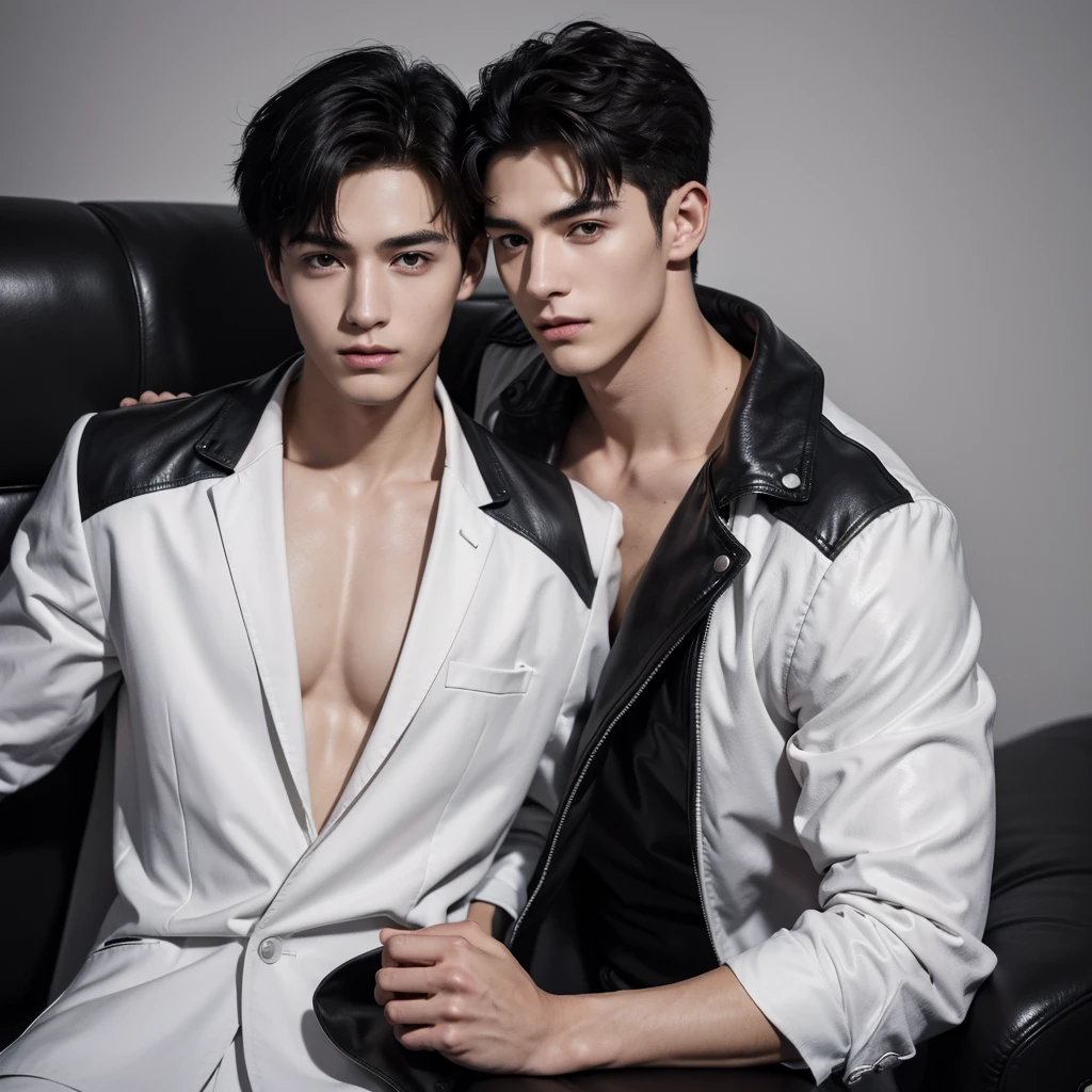 Young white man with black straight hair, Brazilian feature, eyes browns, thick eyelashes, thin with little muscle, lying alone, now, on a bed with black satin sheets, smoking a cigarette, with the smoky room and neon lights