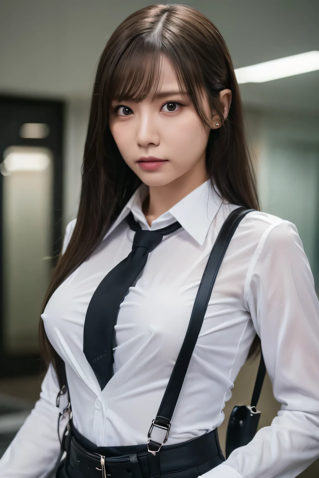 a woman in a suit, belt, hands behind back, sweating, suspenders, black pants, sexly, large breasts, see-through clothing, rain, detective, office worker, white button-up shirt, (best quality,4K,8k,highres,masterpiece:1.2),ultra-detailed,(realistic,photorealistic,photo-realistic:1.37),hyper-detailed,highly detailed face and body, Slender　thin　suspenders　Moderate breasts　See-through shirt　Nipples　holster　chain　Pistol　Armament　criminal　Female criminal　knife