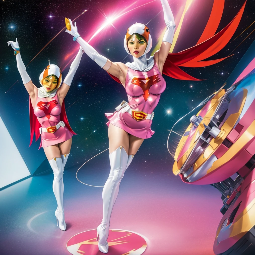 ANI_CLASSIC_jun_gatchaman_ownwaifu,1girl, ,good anatomy, masterpiece, best quality,realistic, hyperrealistic, 16k hdr,breasts,green eyes,lips,large breasts,lipstick,makeup,gloves,cape,helmet,belt,elbow gloves,white gloves,mask,ultra miniskirt,leotard,spacesuit,white tight overknee highheels boots,pink dress,superhero,bodysuit,cleavage,erected nipples,((standing pose,spread legs, arms up straight)),cameltoe