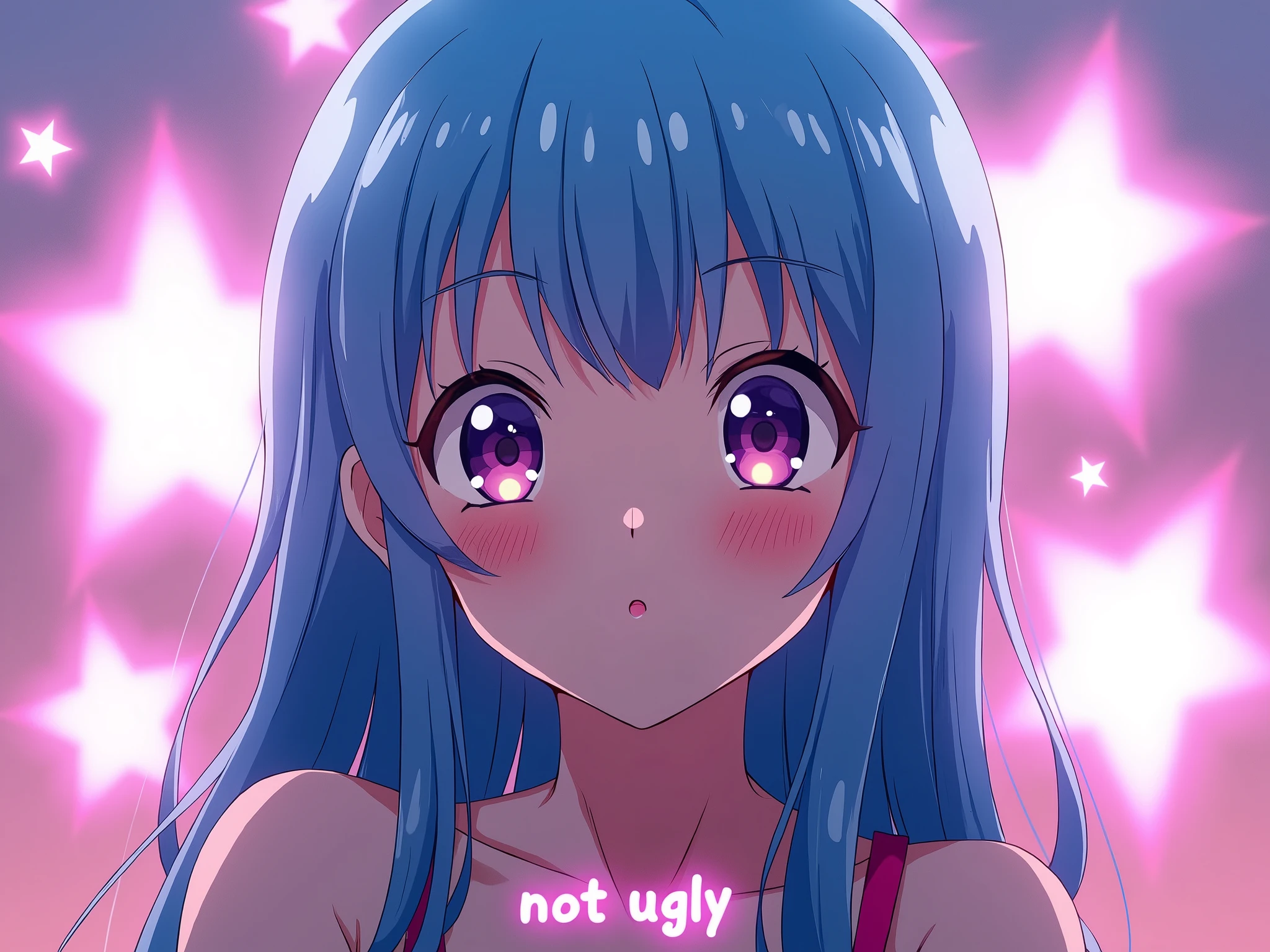 Give me the anime character Nino Nakano version pouting and at the bottom the phrase" Not ugly". the image with a background of bright anime-like lights.
AT THE BOTTOM THE PHRASE :" Not ugly"