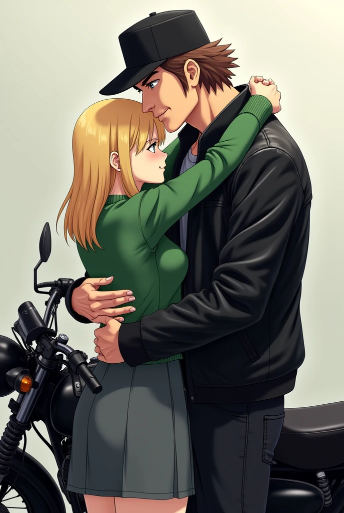 Anime tall half bald mid long brown hair guy, black cap, black leather jacket, black jeans, huging a young blond brade sided hair, green sweater, gray skirt standing beside a black motorcycle