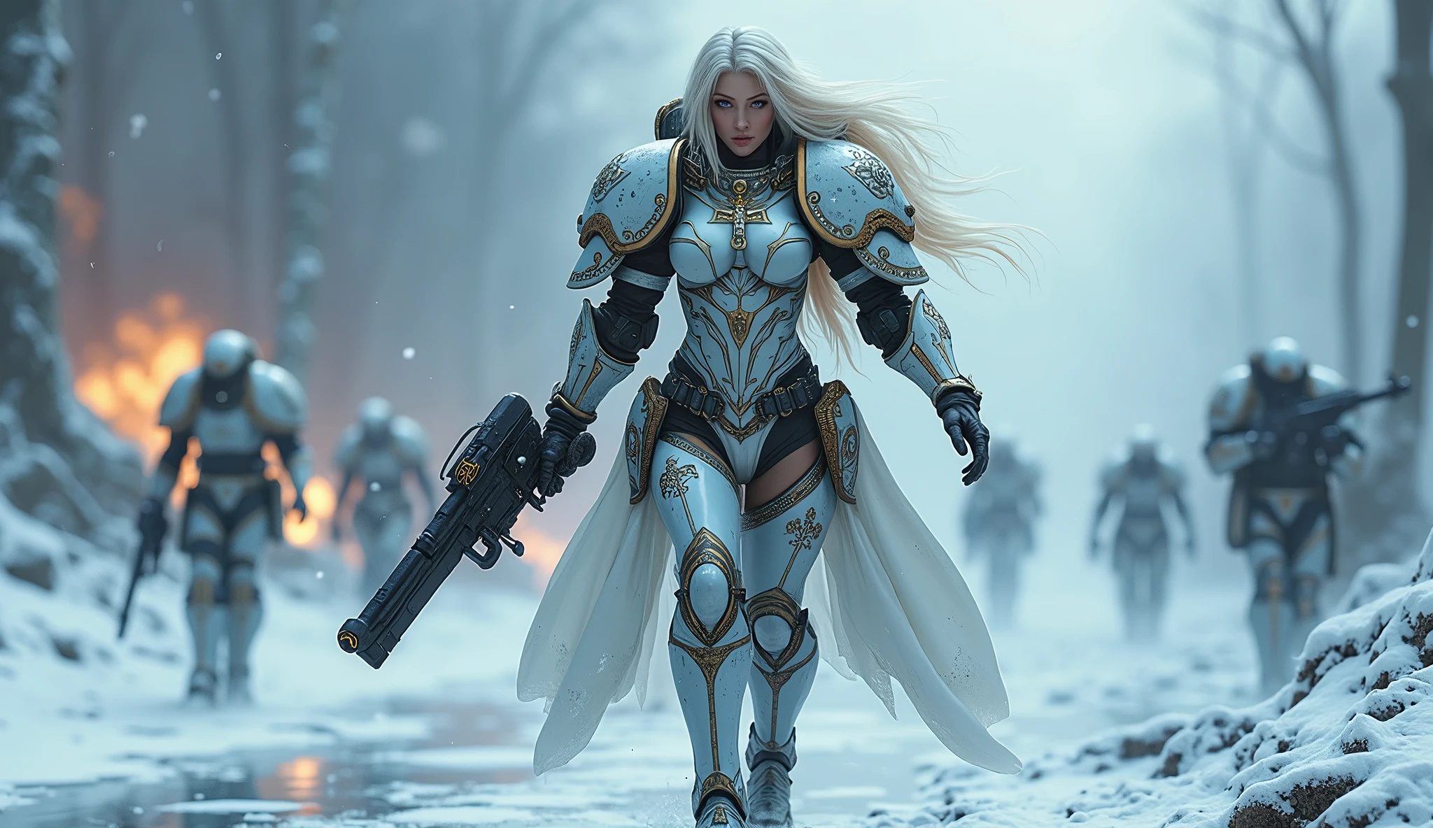 a beautiful woman with long platinum blonde hair, porcelain skin, ice blue eyes, large breast sexy sisters of battle from the warhammer 40k, shooting at the enemy, space marine armor with intricate details, religous symbols on the armor, sisters of battle, warhammer 40k, Massive silicone breast, pale skin, seductive, temptation, eat your soul, clevage, , standing in a magical winter wonderland with snow-covered trees and frozen lakes, intricate ice crystals and snowflakes surrounding her, (best quality,4k,8k,highres,masterpiece:1.2),ultra-detailed,(realistic,photorealistic,photo-realistic:1.37),fantasy,digital art,cinematic lighting, highly detailed armor, intricate futuristic weaponry, gritty and realistic, mecha, science fiction, hyper-detailed, photorealistic, award winning digital art, 8k, HDR, masters work, in the middle of a battle field, full body combat action pose, explosions and fire around, full war, charging, running forward, attacking, stunning, Stilleto heels, high heels, full body pose, cinematic, dust and debree, combat screams, attacking, shooting at the enemy, sisters of battle, warhammer 40kdramatic color palette,frozen landscape,ice powers,snow queen