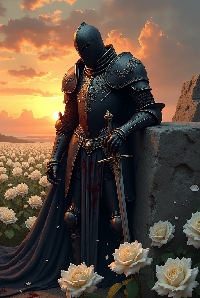 Here is a more detailed description:
Imagine a knight in black armor, decorated with intricate white details that glow softly in the evening light. The armor, although imposing, It is broken and stained with blood. Several arrows are embedded in his chest and abdomen., with dark blood flowing through the cracks in the armor.
The knight is leaning against a large, rough rock, His strength fading as his life slowly slips away. Around it, a vast field of white roses, Its soft petals contrast with the hardness of the armor and the brutality of the scene.. The knight holds his sword firmly, which is partially nailed into the ground next to it. his eyes, although weak, are fixed on the horizon, where a red sunset floods the sky with fiery hues, symbolizing the end of his battle and his life.
The clouds in the sky seem to reflect the knight's inner storm., and the wind blows gently, moving the rose petals around her. The scene is a portrait of sacrifice, courage, and the melancholy of the inevitable end.
